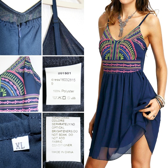 Tribal Print Navy Chiffon Fit & Flare Dress NWOT - Picture 7 of 8